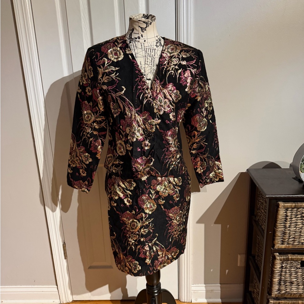 Ellen D. Vintage Jacquard Matching Set Skirt/Blazer Co-Ord Brocade Vibrant 12